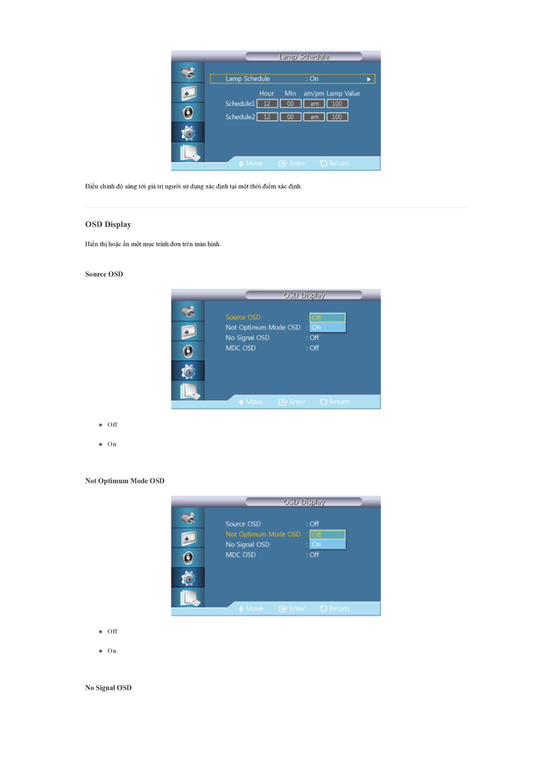 Samsung LH55CSPLBC/XY manual OSD Display, Source OSD, Not Optimum Mode OSD, No Signal OSD 