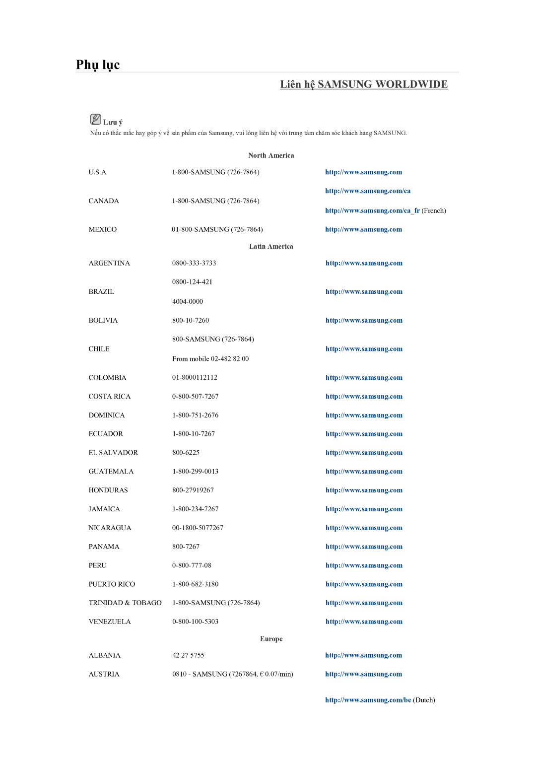 Samsung LH55CSPLBC/XY manual Phụ lục, Liên hệ Samsung Worldwide 