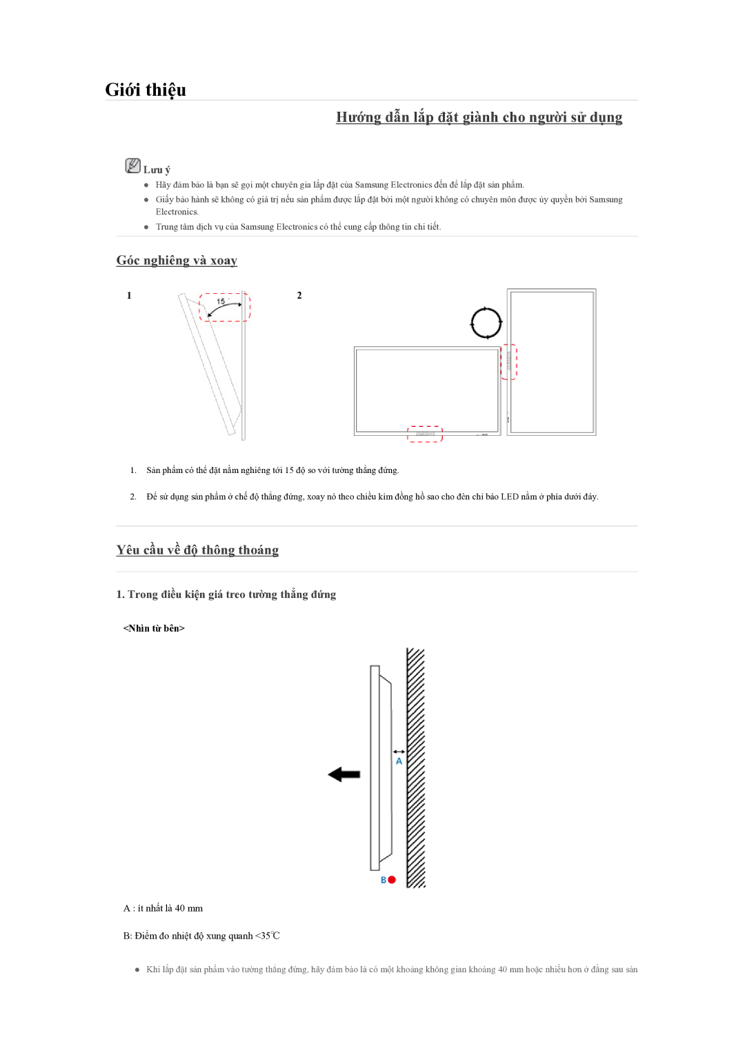 Samsung LH55CSPLBC/XY manual Hướng dẫn lắp đặt giành cho người sử dụng, Góc nghiêng và xoay, Yêu cầu về độ thông thoáng 