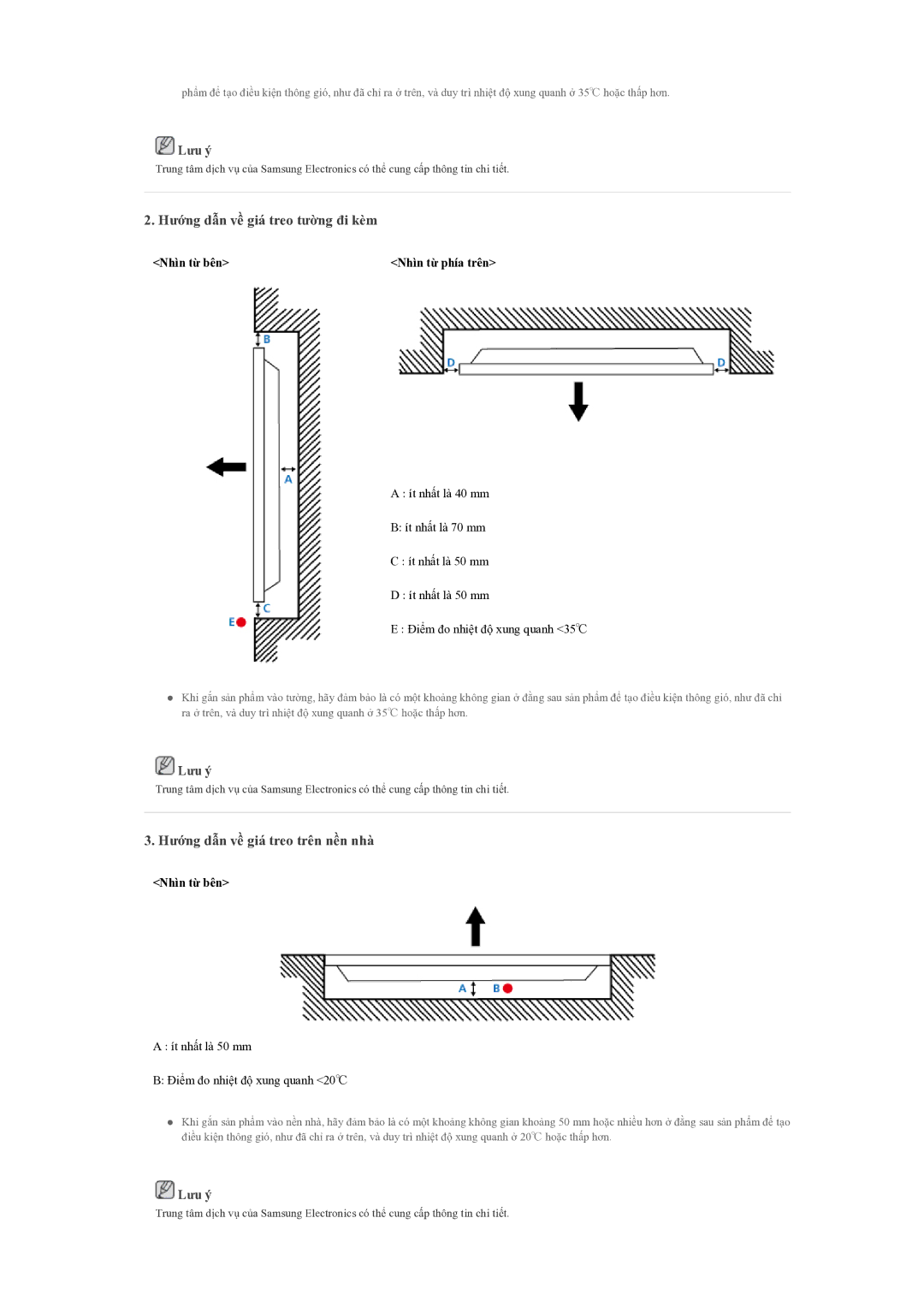 Samsung LH55CSPLBC/XY manual Hướng dẫn về giá treo tường đi kèm, Hướng dẫn về giá treo trên nền nhà 