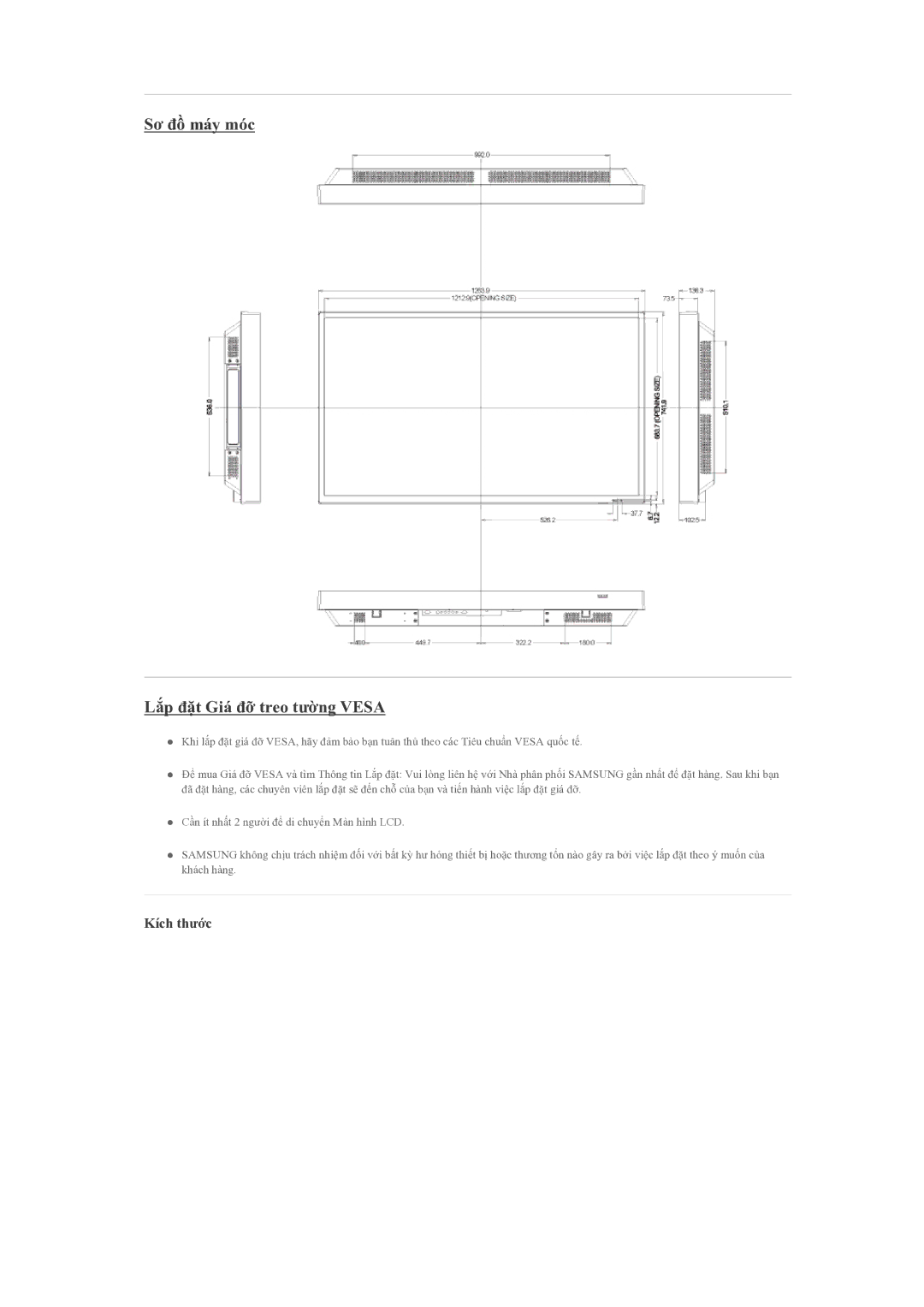 Samsung LH55CSPLBC/XY manual Sơ đồ máy móc Lắp đặt Giá đỡ treo tường Vesa, Kích thước 