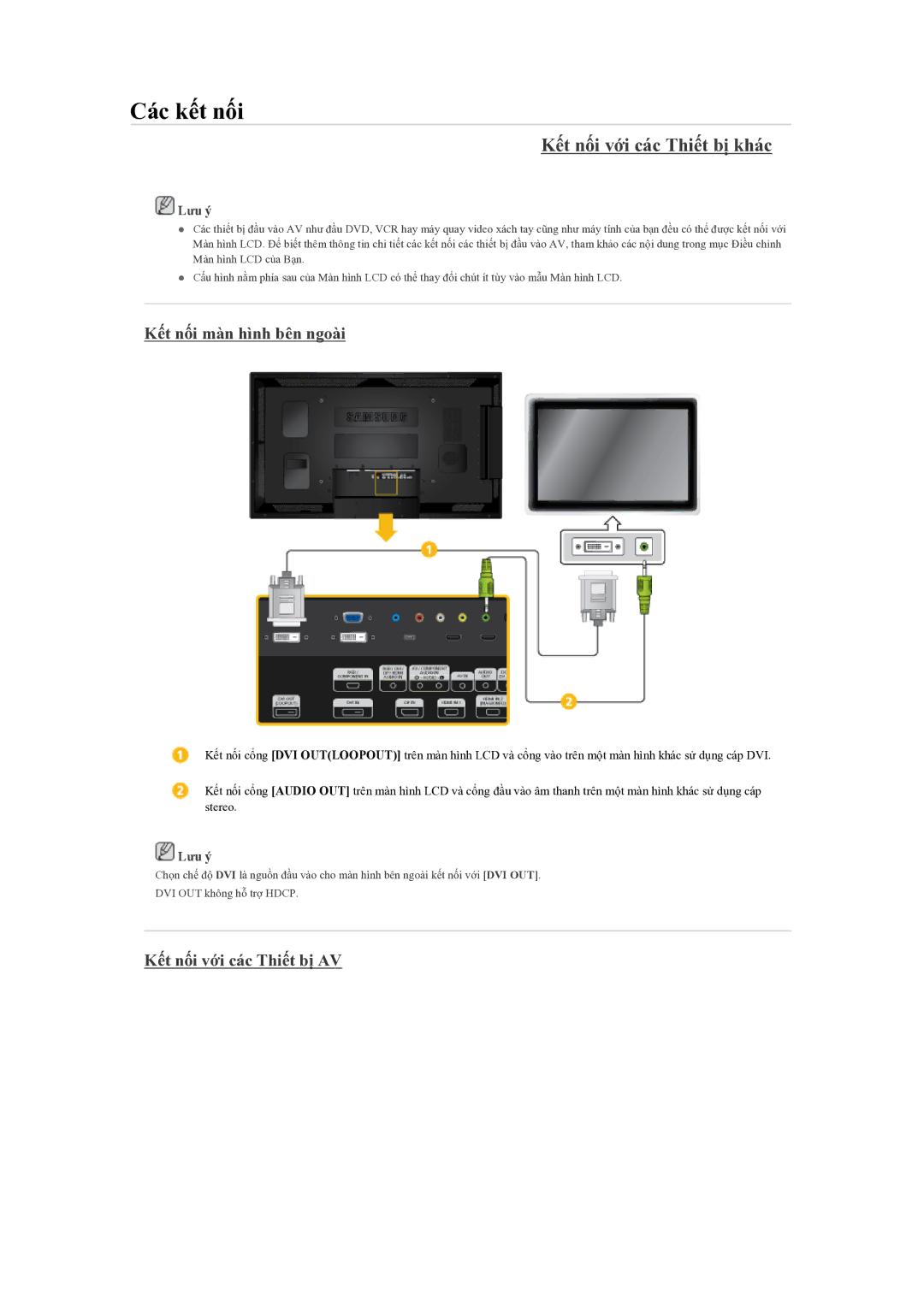 Samsung LH55CSPLBC/XY manual Kết nối với các Thiết bị khác, Kết nối màn hình bên ngoài, Kết nối với các Thiết bị AV 