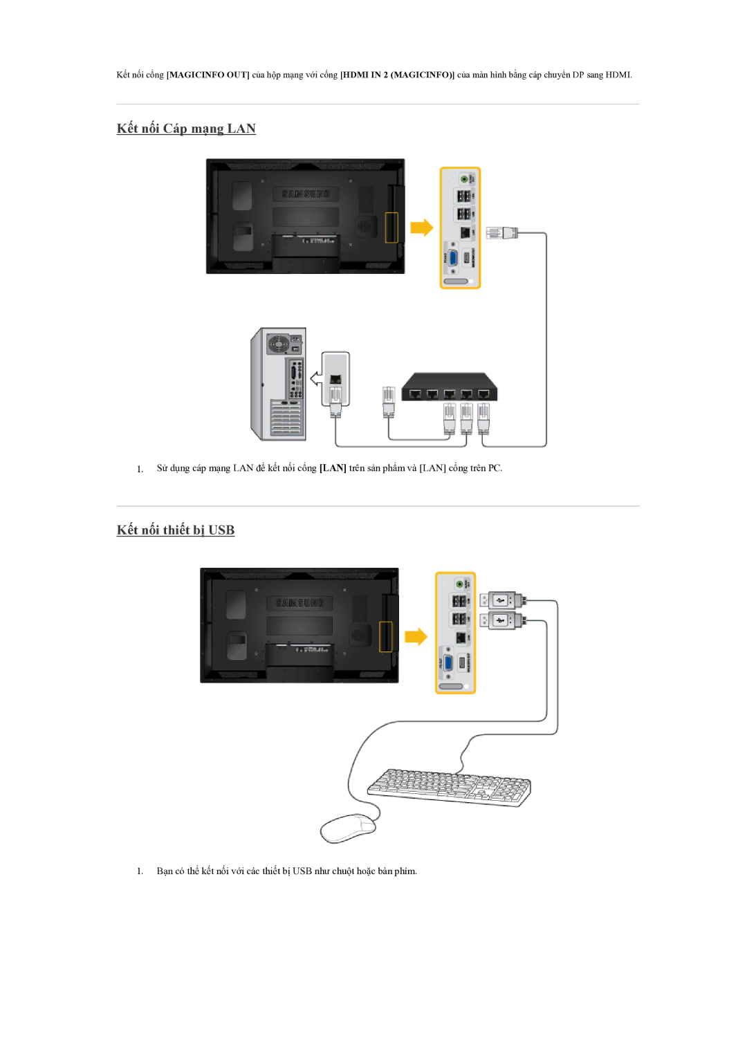 Samsung LH55CSPLBC/XY manual Kết nối Cáp mạng LAN, Kết nối thiết bị USB 