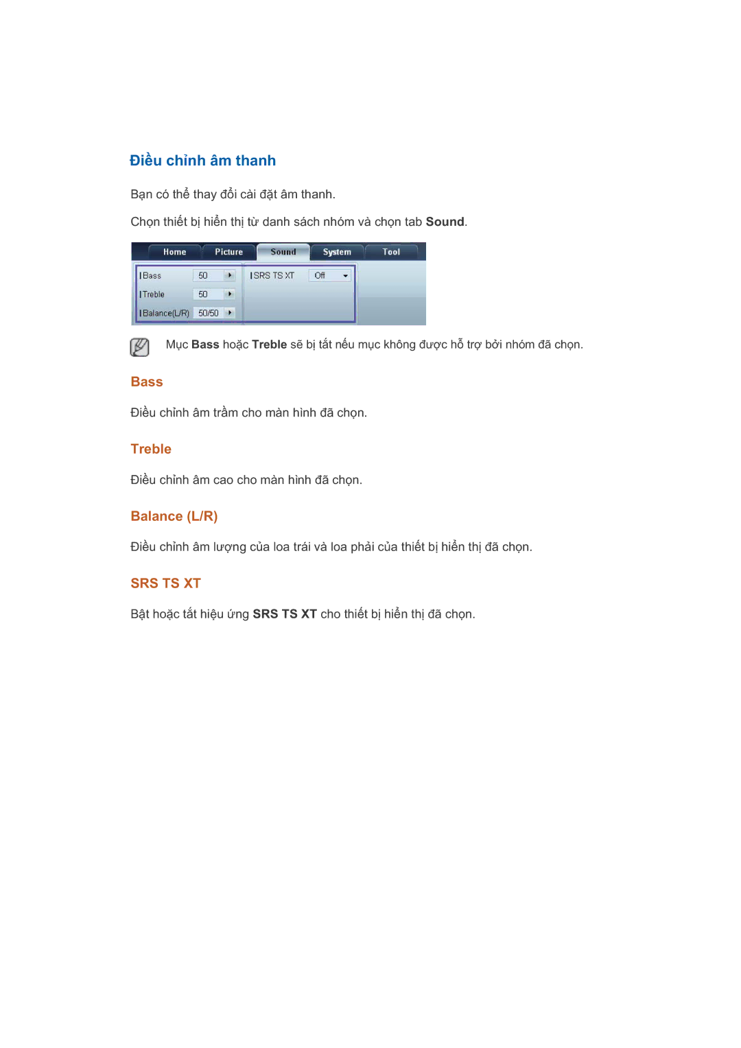 Samsung LH55CSPLBC/XY manual Iu chnh âm thanh, Bass, Treble, Balance L/R 