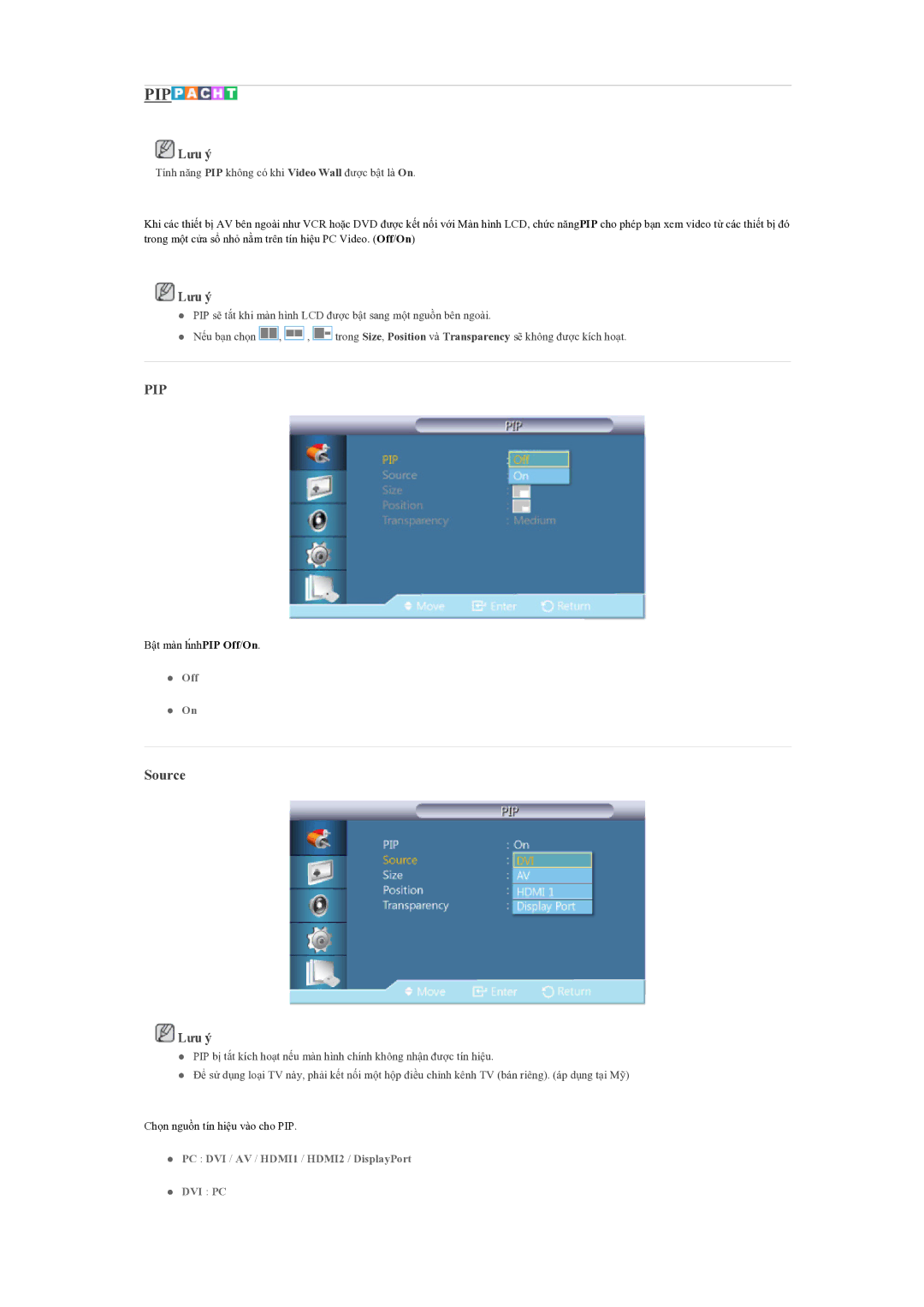 Samsung LH55CSPLBC/XY manual Pip, Source 