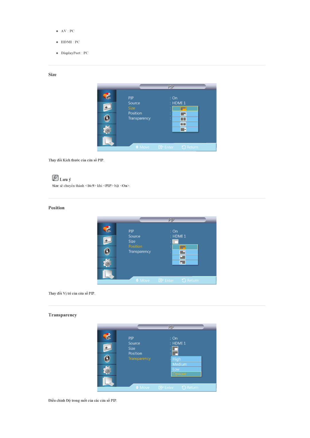 Samsung LH55CSPLBC/XY manual Size, Position, Transparency 