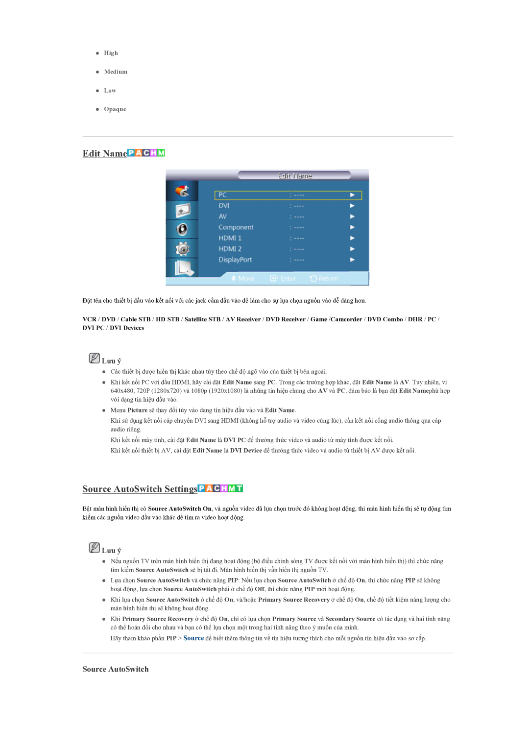 Samsung LH55CSPLBC/XY manual Edit Name, Source AutoSwitch Settings 