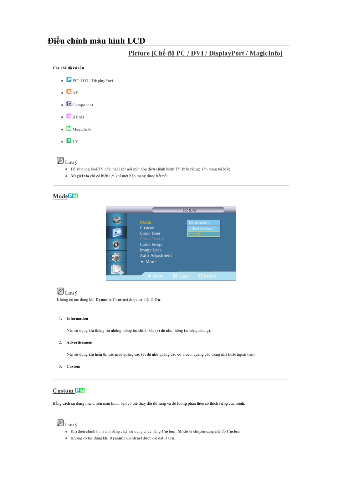 Samsung LH55CSPLBC/XY manual Picture Chế độ PC / DVI / DisplayPort / MagicInfo, Mode, Custom 