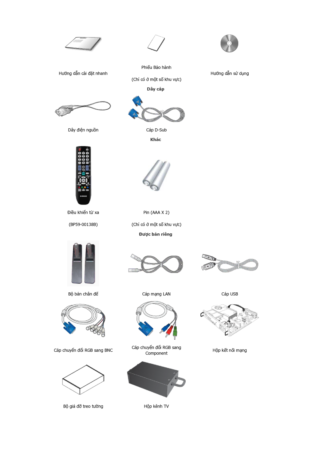 Samsung LH55CSPLBC/XY manual Dây cáp, Khác, Được bán riêng 