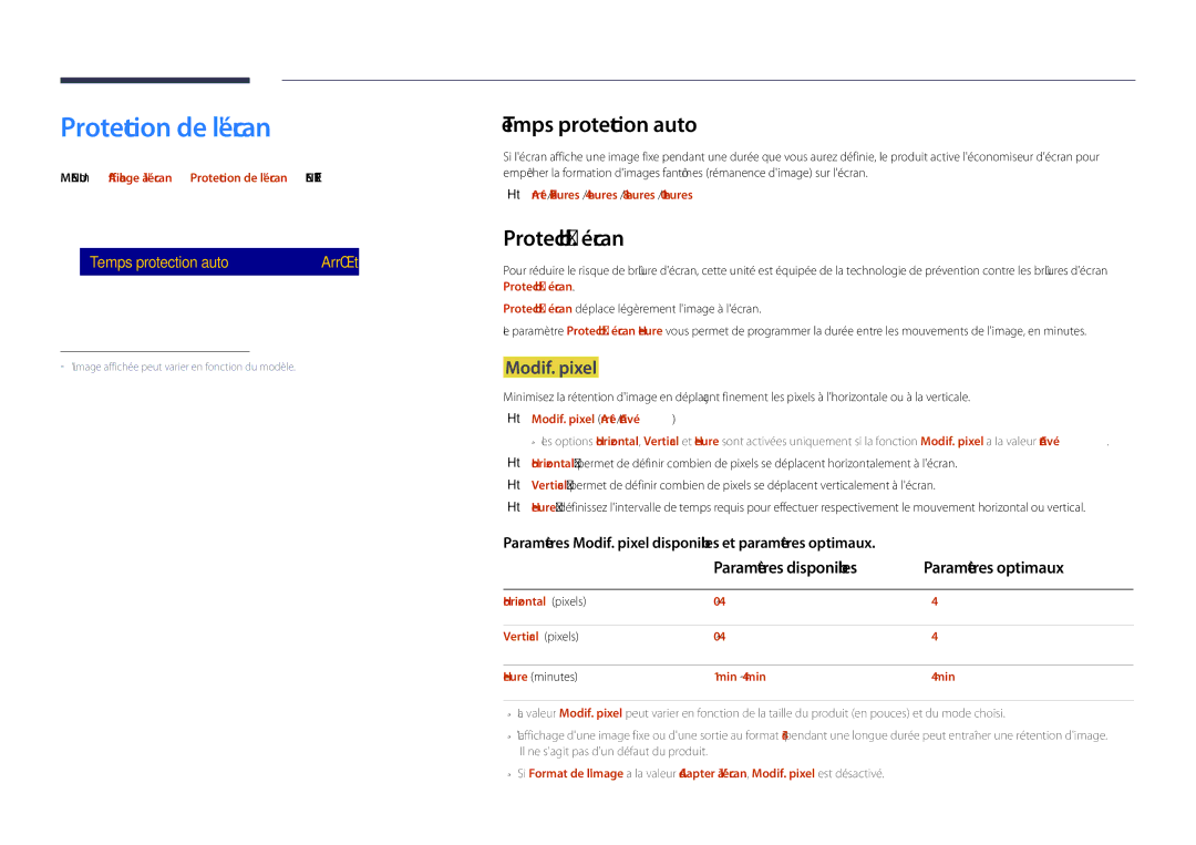 Samsung LH40DHDPLGC/EN, LH55DHDPLGC/EN manual Protection de lécran, Temps protection auto, Protec brûl. écran, Modif. pixel 