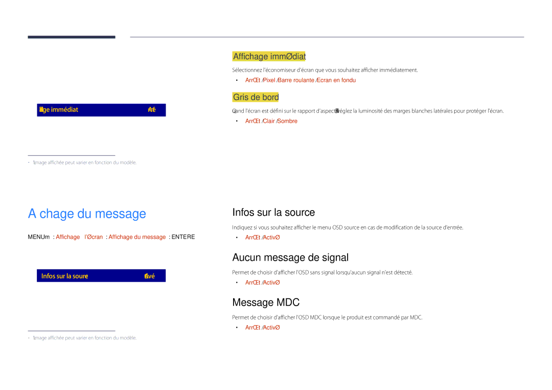 Samsung LH48DHDPLGC/EN, LH55DHDPLGC/EN Affichage du message, Infos sur la source, Aucun message de signal, Message MDC 