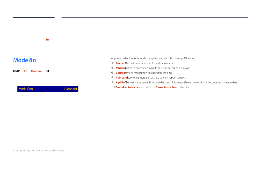 Samsung LH48DHDPLGC/EN, LH55DHDPLGC/EN, LH40DHDPLGC/EN manual Réglage du son, Mode Son 