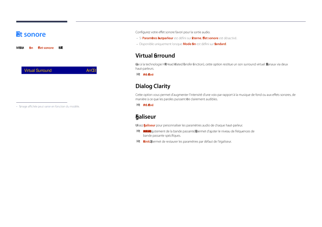 Samsung LH40DHDPLGC/EN, LH55DHDPLGC/EN, LH48DHDPLGC/EN manual Effet sonore, Virtual Surround, Dialog Clarity, Egaliseur 