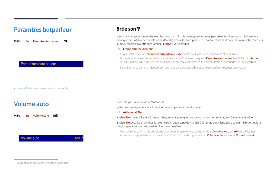 Samsung LH48DHDPLGC/EN, LH55DHDPLGC/EN, LH40DHDPLGC/EN manual Paramètres haut-parleur, Volume auto, Sortie son TV 