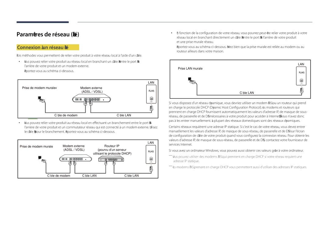 Samsung LH48DHDPLGC/EN, LH55DHDPLGC/EN, LH40DHDPLGC/EN manual Paramètres de réseau câblé, Connexion à un réseau câblé 