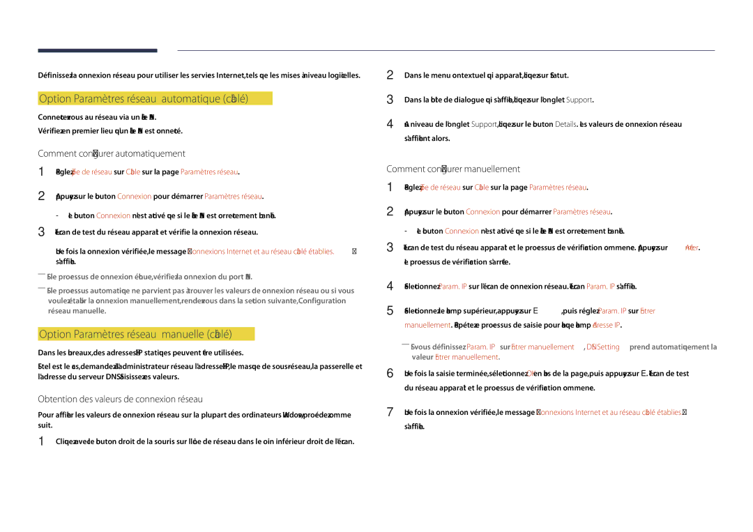 Samsung LH40DHDPLGC/EN, LH55DHDPLGC/EN Option Paramètres réseau automatique câblé, Option Paramètres réseau manuelle câblé 