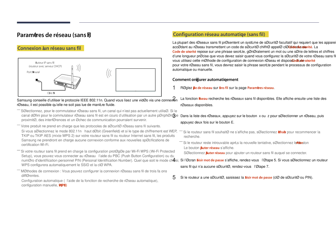 Samsung LH55DHDPLGC/EN, LH48DHDPLGC/EN, LH40DHDPLGC/EN manual Paramètres de réseau sans fil, Connexion à un réseau sans fil 