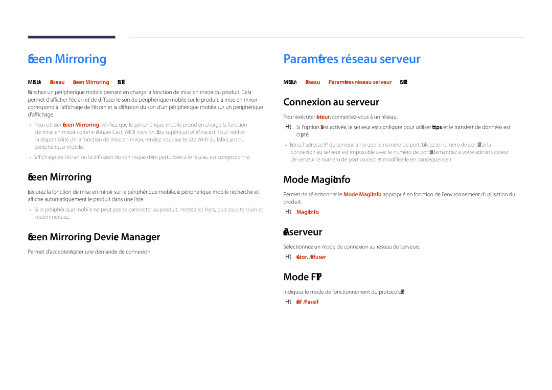 Samsung LH48DHDPLGC/EN, LH55DHDPLGC/EN, LH40DHDPLGC/EN manual Screen Mirroring, Paramètres réseau serveur 