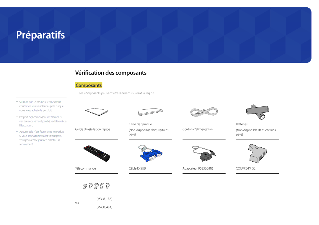 Samsung LH55DHDPLGC/EN, LH48DHDPLGC/EN manual Préparatifs, Vérification des composants, Composants, M3L8, 1EA Vis M4L8, 4EA 