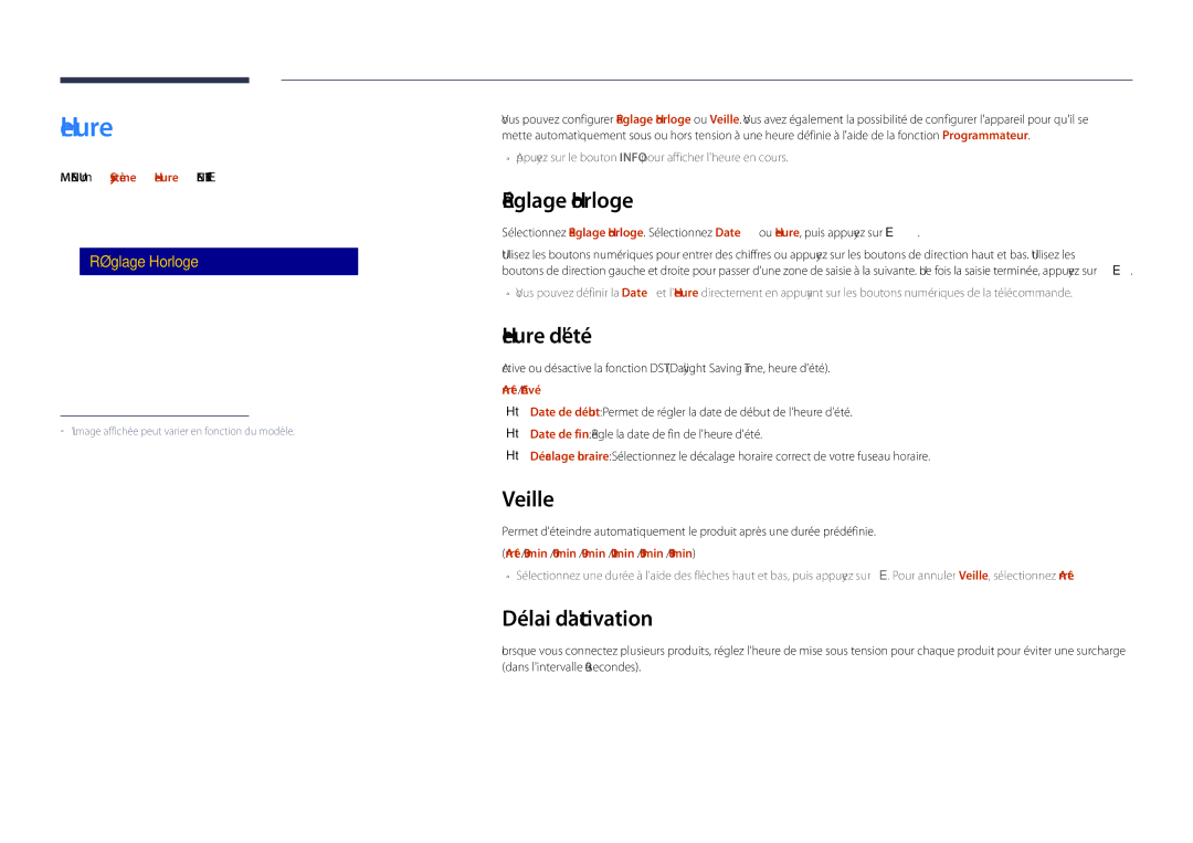 Samsung LH40DHDPLGC/EN, LH55DHDPLGC/EN, LH48DHDPLGC/EN manual Réglage Horloge, Heure dété, Veille, Délai dactivation 