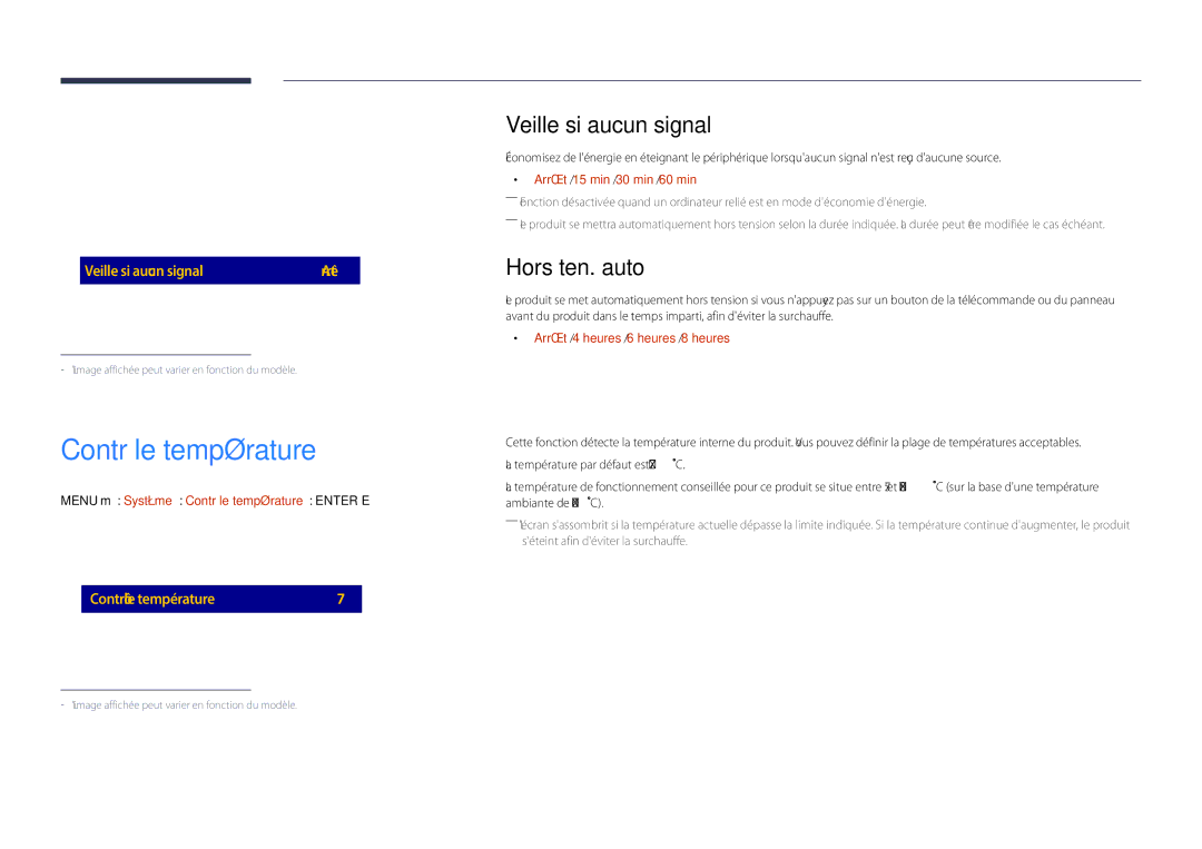 Samsung LH48DHDPLGC/EN, LH55DHDPLGC/EN, LH40DHDPLGC/EN manual Contrôle température, Veille si aucun signal, Hors ten. auto 