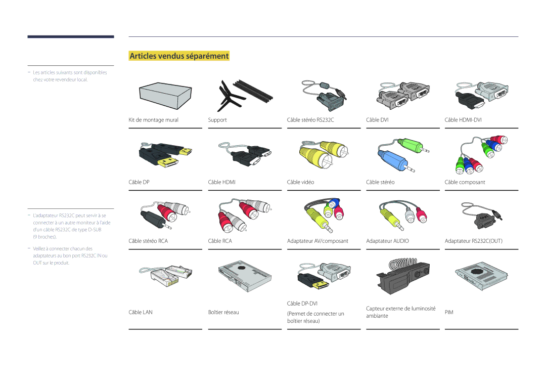 Samsung LH48DHDPLGC/EN, LH55DHDPLGC/EN manual Articles vendus séparément, Câble LAN Boîtier réseau Permet de connecter un 