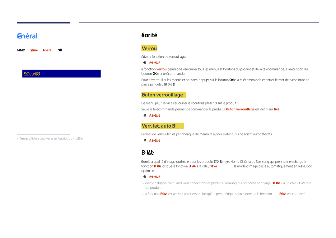 Samsung LH55DHDPLGC/EN, LH48DHDPLGC/EN, LH40DHDPLGC/EN manual Général, Sécurité, BD Wise 