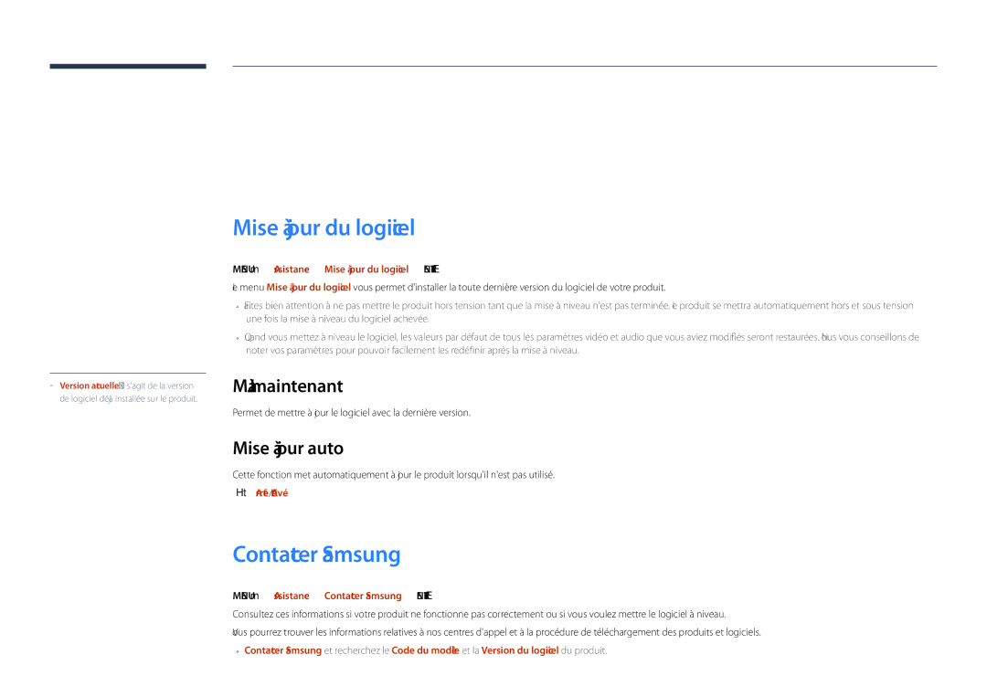 Samsung LH48DHDPLGC/EN manual Assistance, Mise à jour du logiciel, Contacter Samsung, MàJ maintenant, Mise à jour auto 