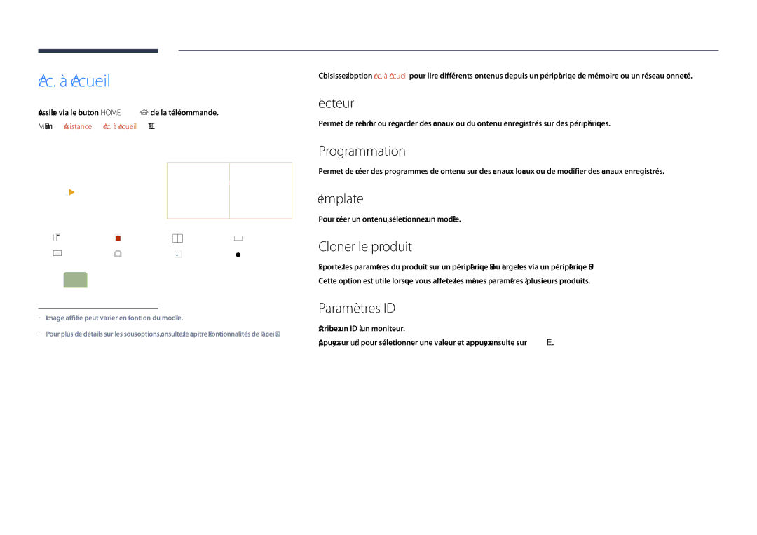 Samsung LH40DHDPLGC/EN, LH55DHDPLGC/EN, LH48DHDPLGC/EN manual Acc. à Accueil 