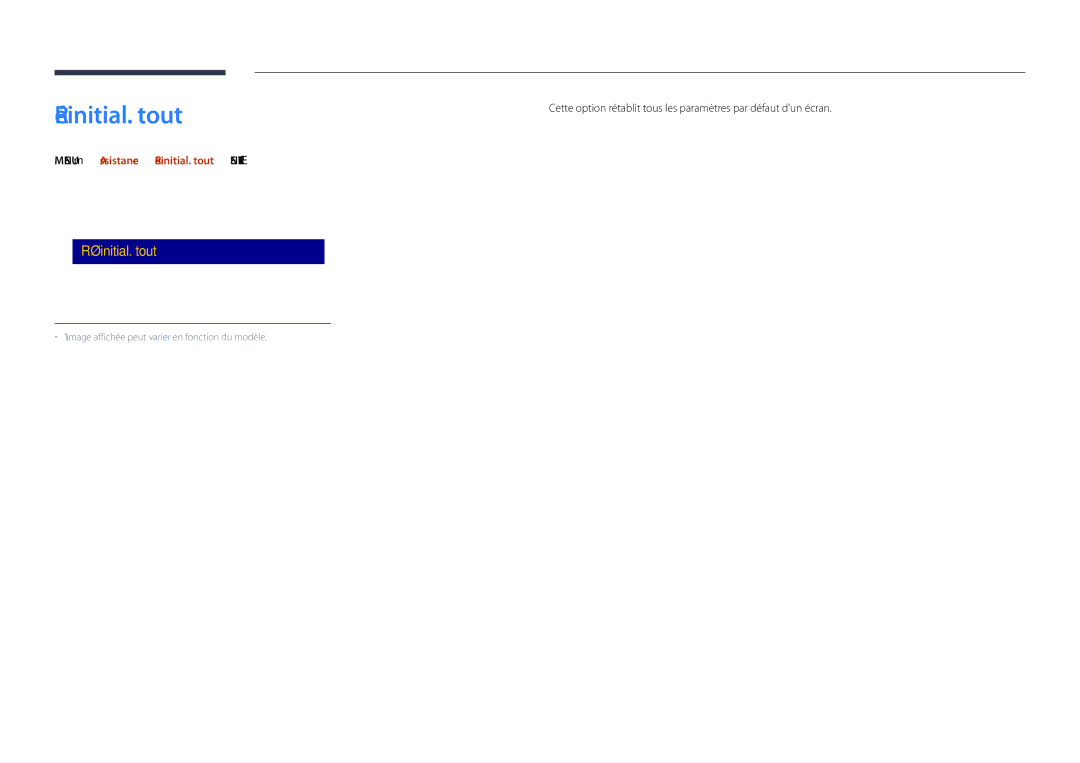 Samsung LH48DHDPLGC/EN, LH55DHDPLGC/EN, LH40DHDPLGC/EN manual Menu m→ Assistance → Réinitial. tout → Enter E 