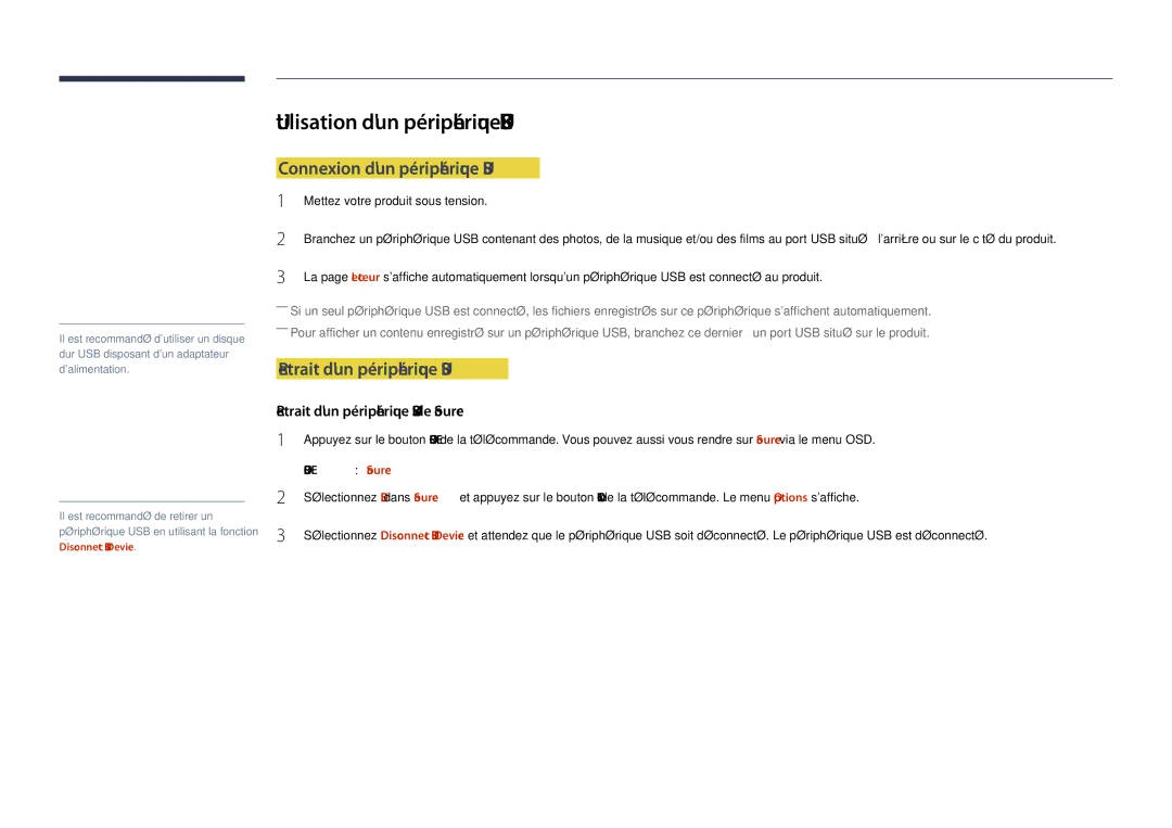 Samsung LH48DHDPLGC/EN Utilisation dun périphérique USB, Connexion dun périphérique USB, Retrait dun périphérique USB 