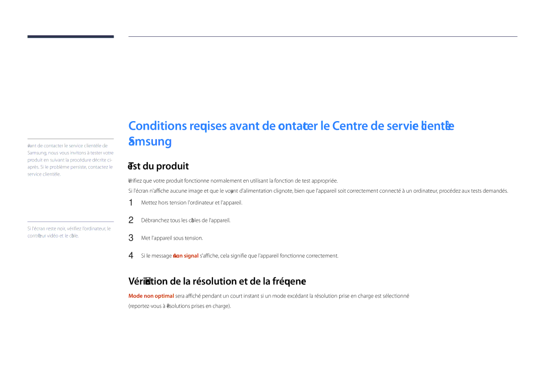 Samsung LH40DHDPLGC/EN manual Guide de dépannage, Test du produit, Vérification de la résolution et de la fréquence 