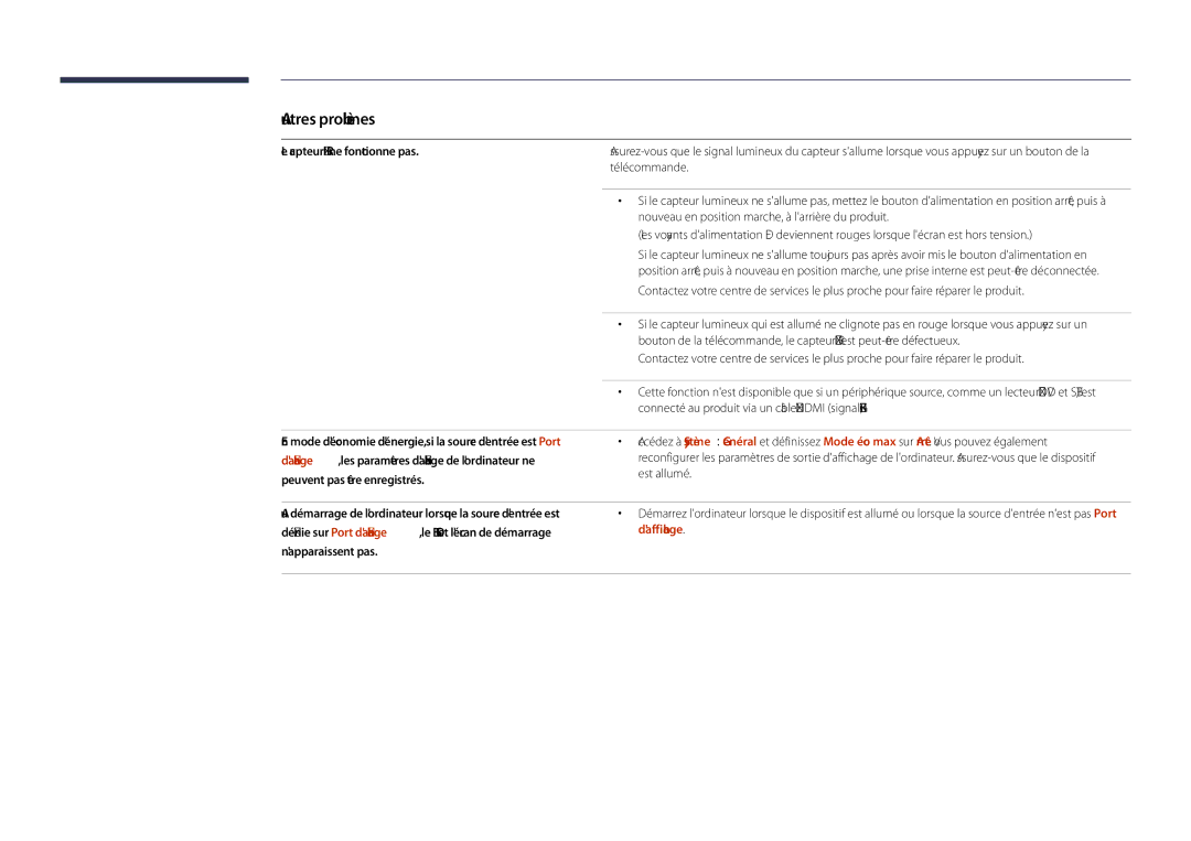 Samsung LH55DHDPLGC/EN manual Le capteur IR ne fonctionne pas, Peuvent pas être enregistrés Est allumé, Napparaissent pas 