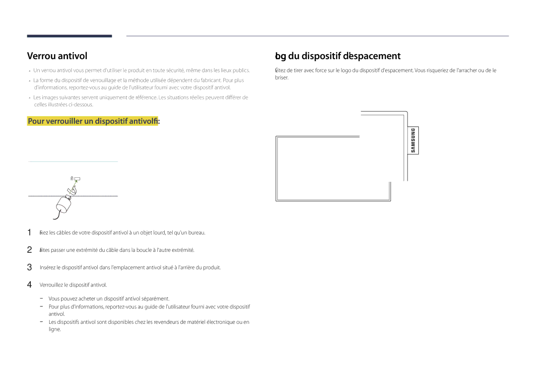 Samsung LH40DHDPLGC/EN manual Verrou antivol, Logo du dispositif despacement, Pour verrouiller un dispositif antivol 