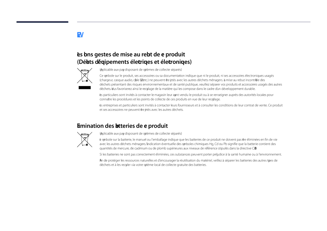 Samsung LH55DHDPLGC/EN, LH48DHDPLGC/EN, LH40DHDPLGC/EN manual Weee, Elimination des batteries de ce produit 