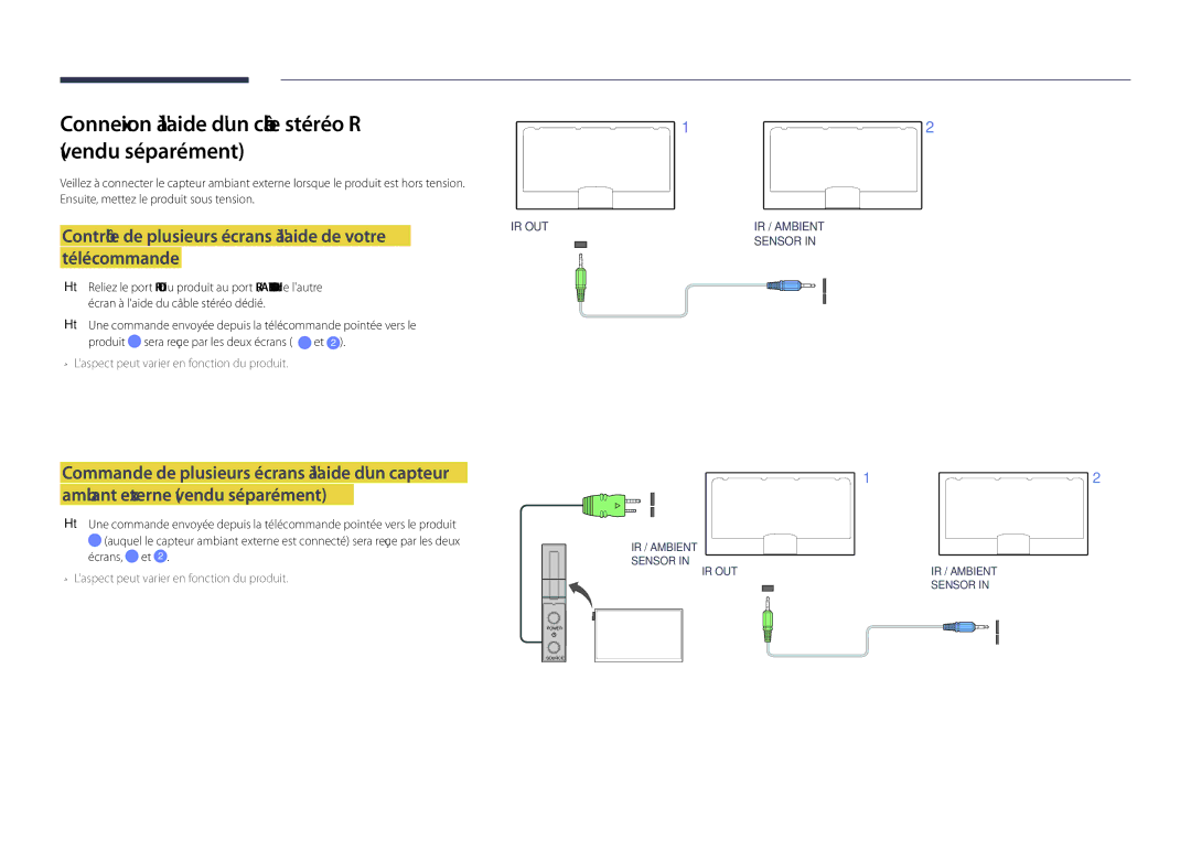 Samsung LH40DHDPLGC/EN, LH55DHDPLGC/EN, LH48DHDPLGC/EN manual Connexion à laide dun câble stéréo IR vendu séparément 