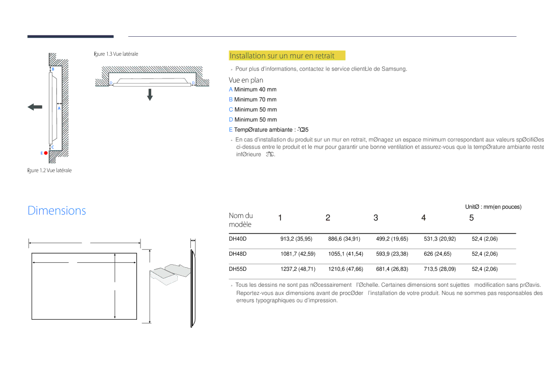 Samsung LH48DHDPLGC/EN, LH55DHDPLGC/EN manual Dimensions, Installation sur un mur en retrait, Vue en plan, Nom du Modèle 