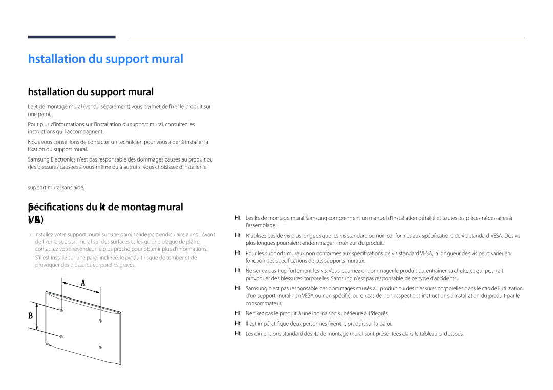 Samsung LH55DHDPLGC/EN Installation du support mural, Spécifications du kit de montage mural Vesa, Support mural sans aide 