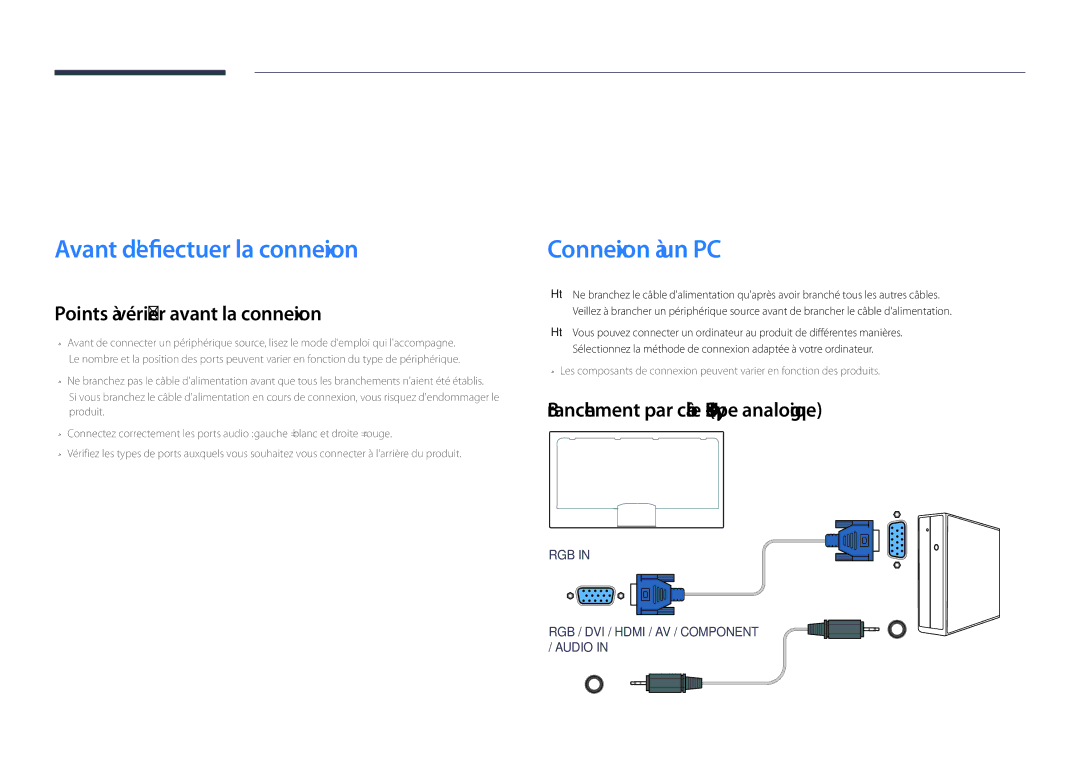 Samsung LH55DHDPLGC/EN Connexion et utilisation dun périphérique source, Avant deffectuer la connexion, Connexion à un PC 