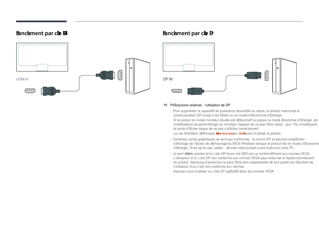 Samsung LH40DHDPLGC/EN Branchement par câble Hdmi, Branchement par câble DP, Précautions relatives à lutilisation de DP 