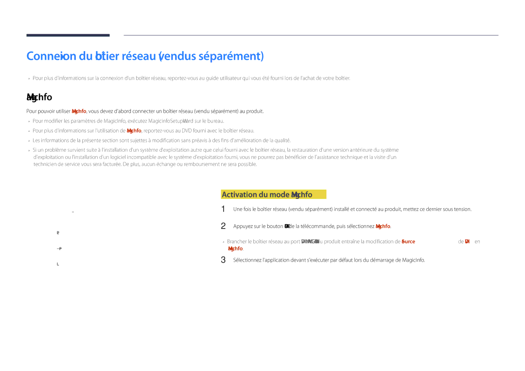 Samsung LH55DHDPLGC/EN, LH48DHDPLGC/EN Connexion du boîtier réseau vendus séparément, Activation du mode MagicInfo 