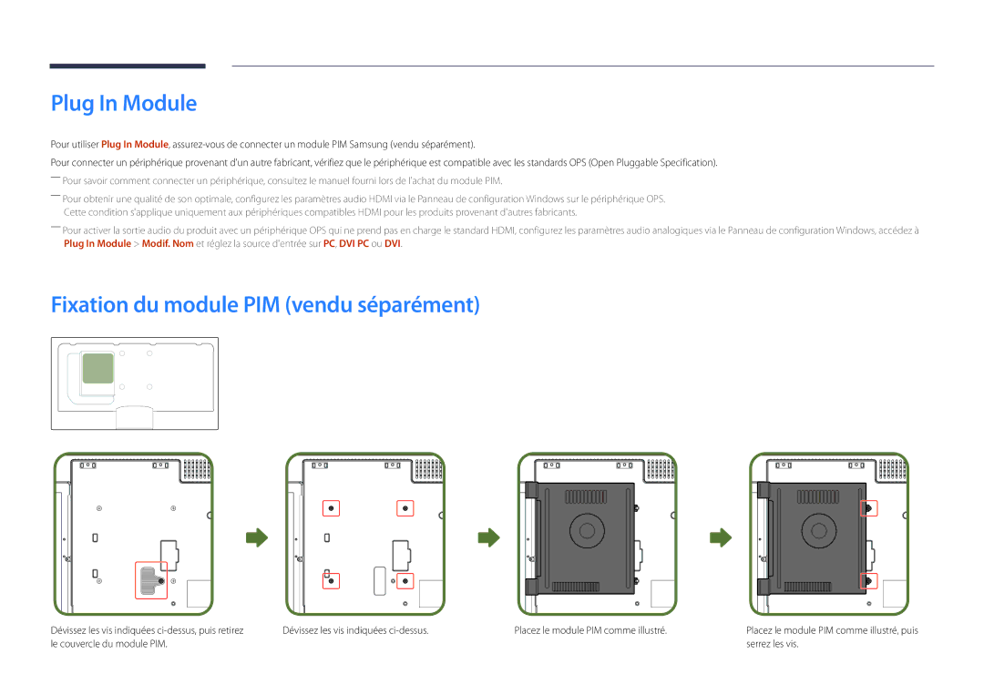 Samsung LH40DHDPLGC/EN, LH55DHDPLGC/EN, LH48DHDPLGC/EN manual Plug In Module, Fixation du module PIM vendu séparément 