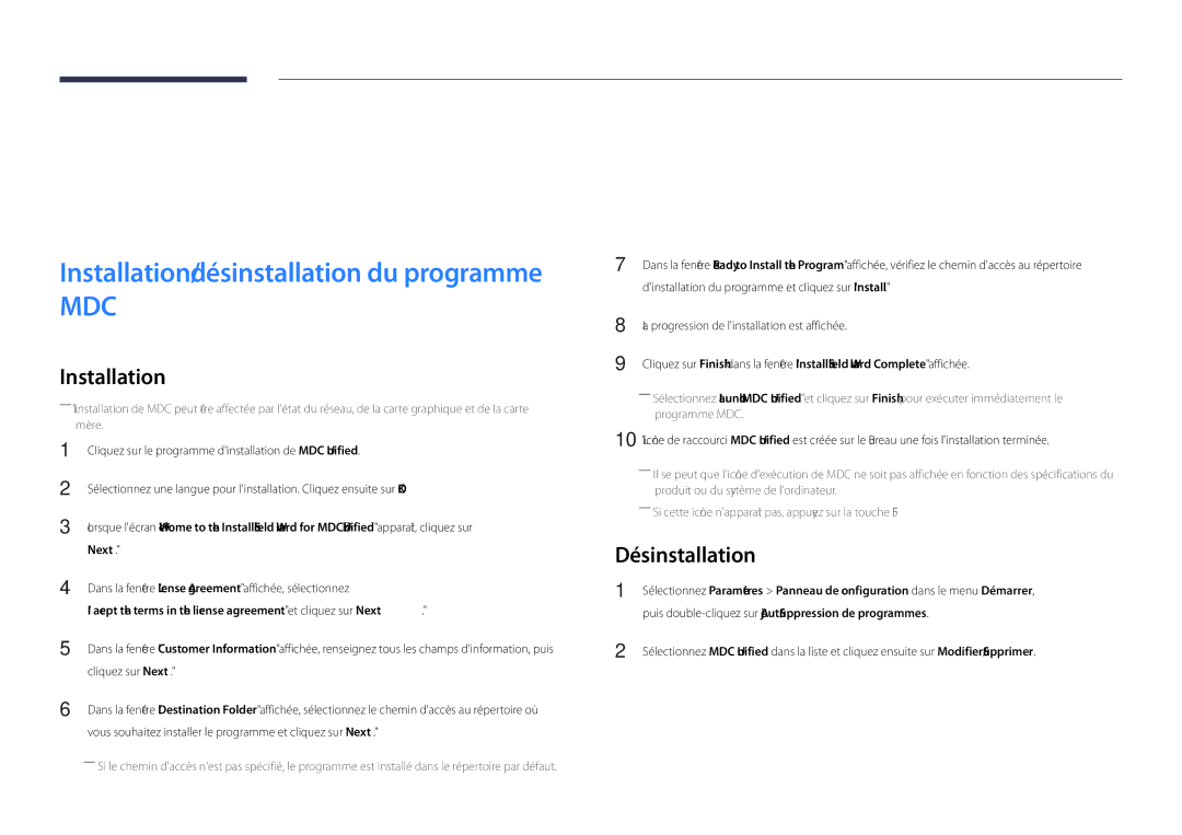 Samsung LH48DHDPLGC/EN manual Utilisation de MDC, Désinstallation, Puis double-cliquez sur Ajout/Suppression de programmes 