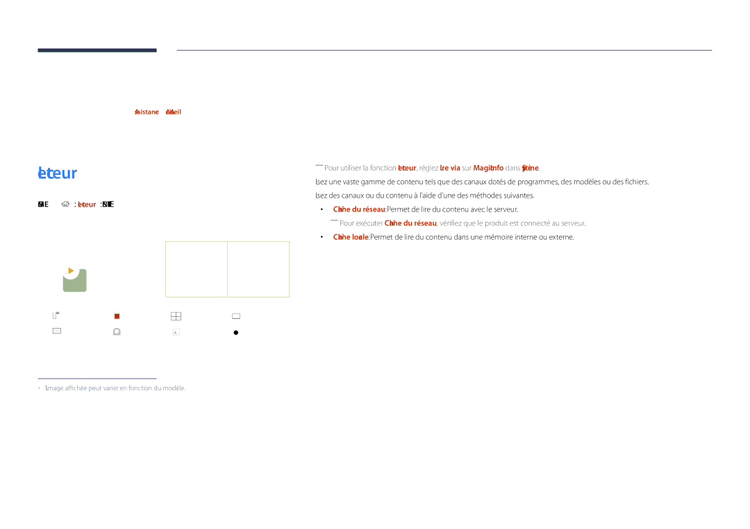 Samsung LH40DHDPLGC/EN, LH55DHDPLGC/EN Fonctionnalités de laccueil, Programmation Template, Home → Lecteur →ENTER E 