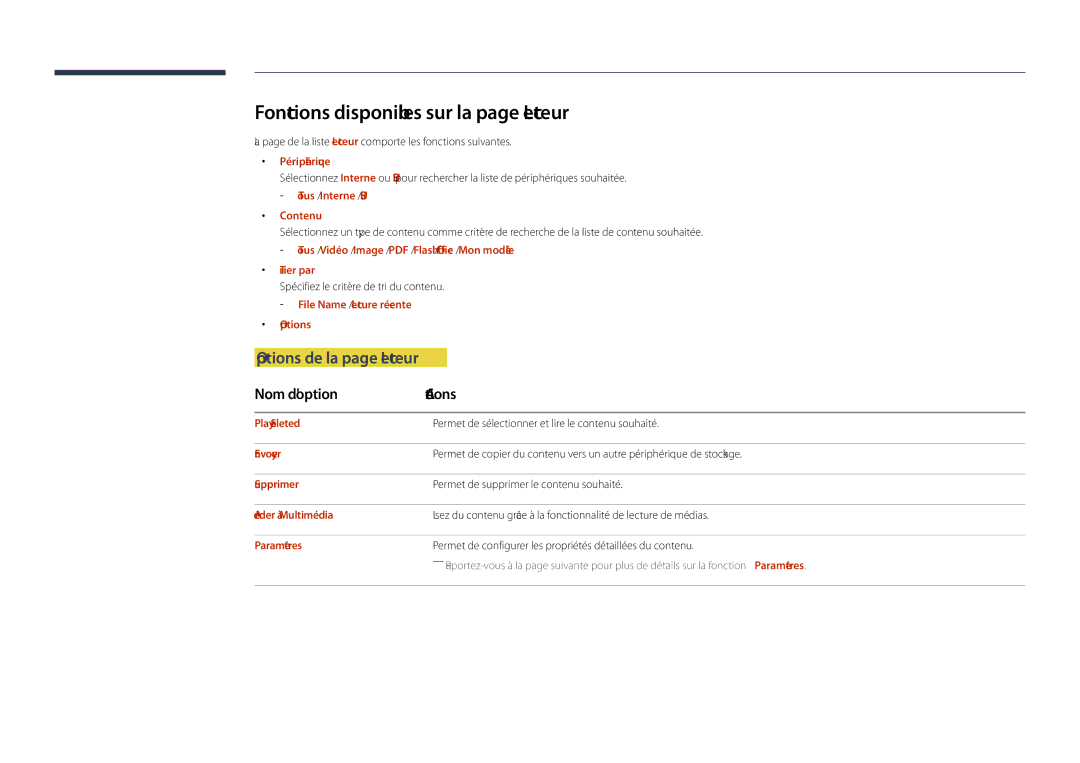 Samsung LH55DHDPLGC/EN manual Fonctions disponibles sur la page Lecteur, Options de la page Lecteur, Nom doption Actions 