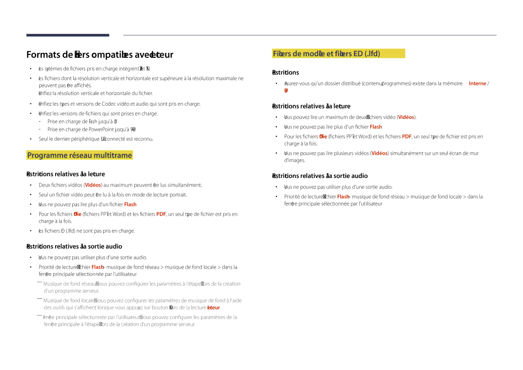 Samsung LH48DHDPLGC/EN, LH55DHDPLGC/EN manual Formats de fichiers compatibles avec Lecteur, Programme réseau multitrame 