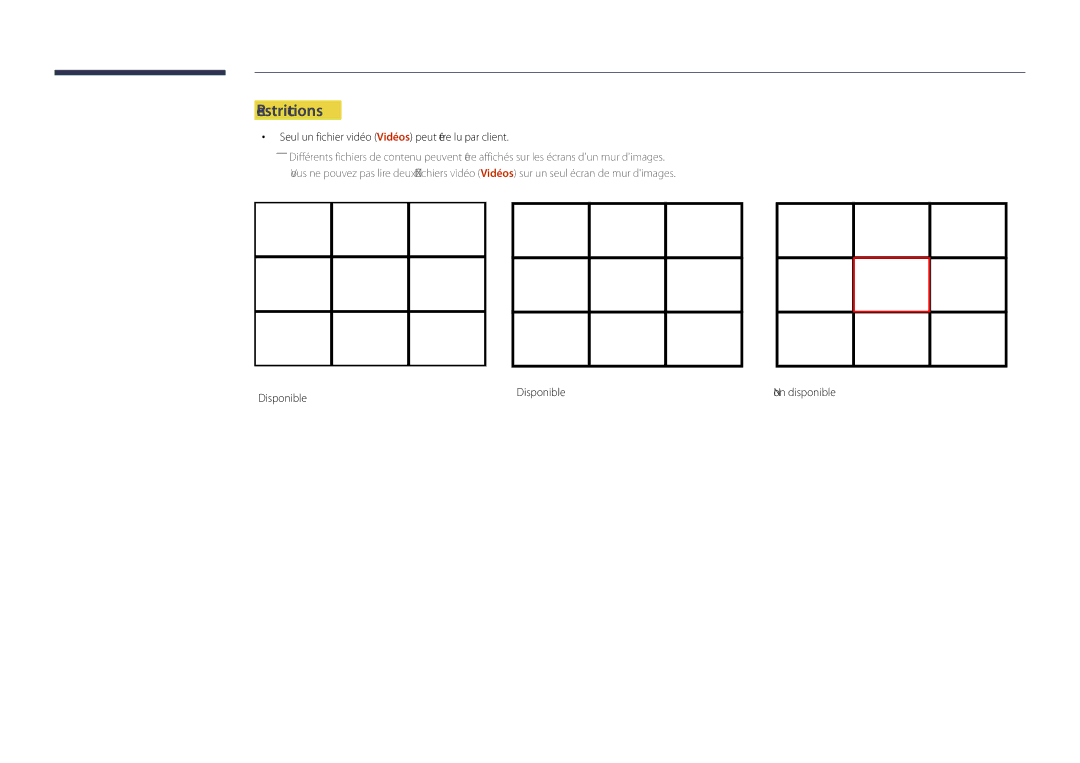 Samsung LH48DHDPLGC/EN, LH55DHDPLGC/EN manual Restrictions, Seul un fichier vidéo Vidéos peut être lu par client, Disponible 