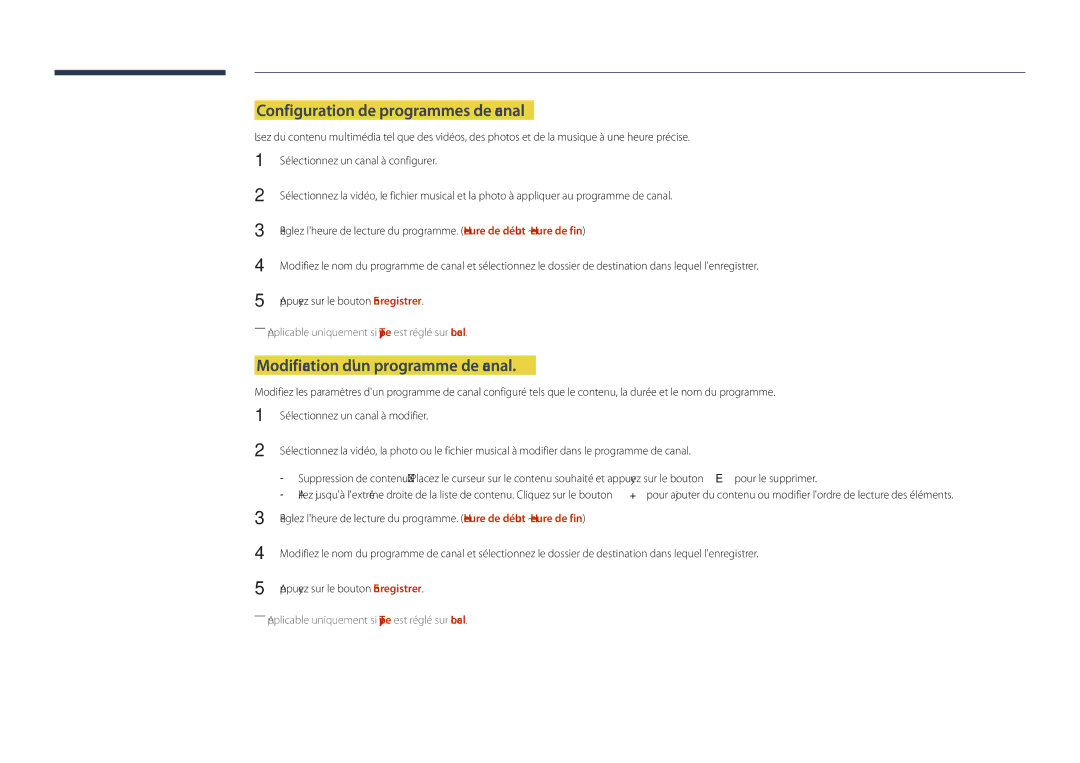 Samsung LH55DHDPLGC/EN, LH48DHDPLGC/EN manual Configuration de programmes de canal, Modification dun programme de canal 