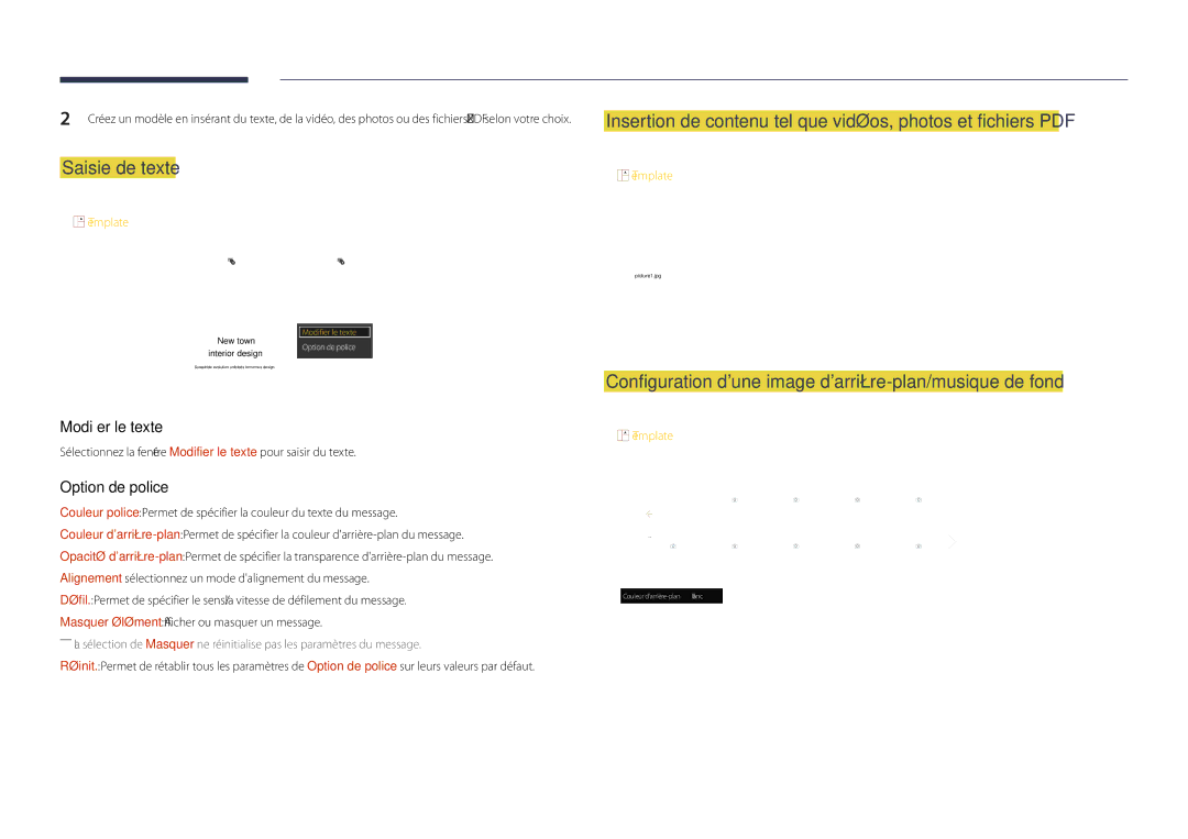 Samsung LH40DHDPLGC/EN, LH55DHDPLGC/EN manual Saisie de texte, Configuration dune image darrière-plan/musique de fond 