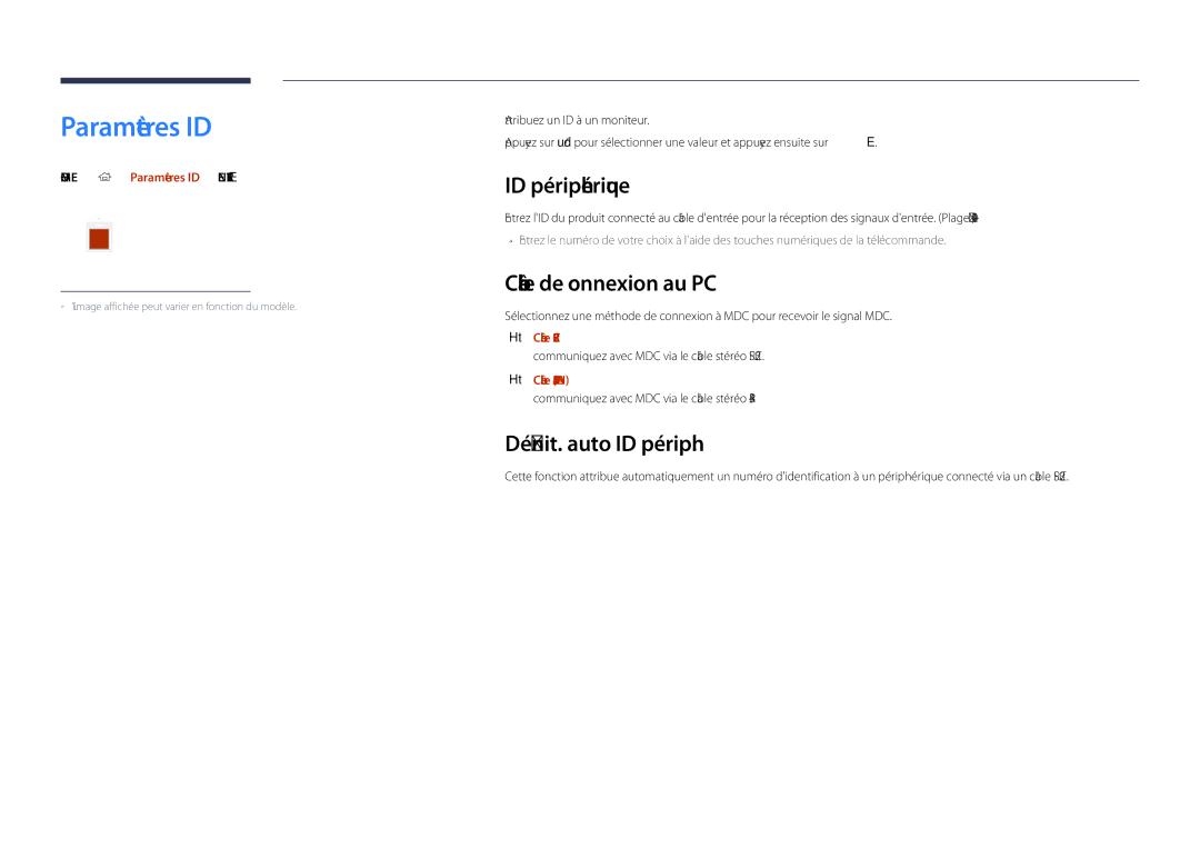 Samsung LH40DHDPLGC/EN, LH55DHDPLGC/EN Paramètres ID, ID périphérique, Câble de connexion au PC, Définit. auto ID périph 